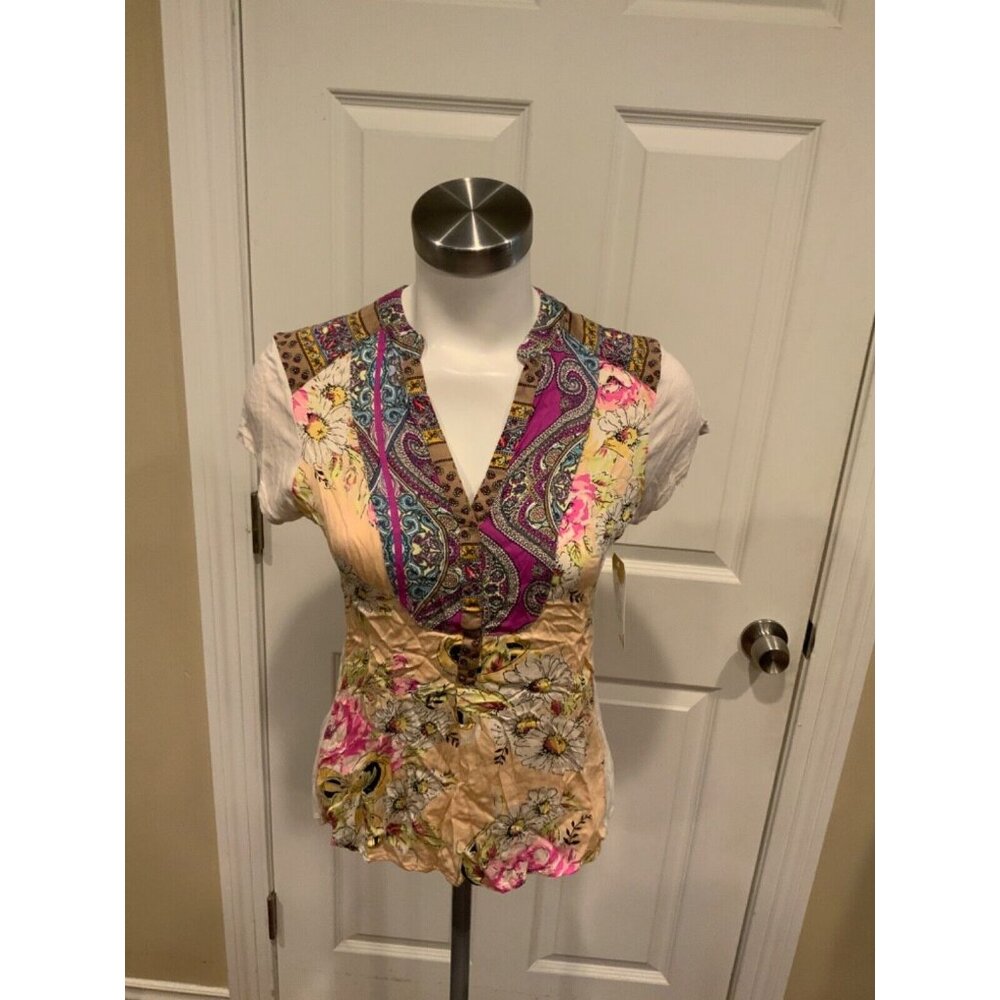 Tiny Multicolor Floral & Paisley Patterned Short Sleeve Shirt, Size X S